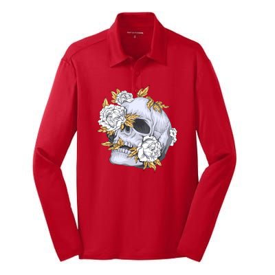 Skull White Flowers Silk Touch Performance Long Sleeve Polo