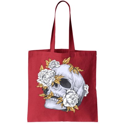 Skull White Flowers Tote Bag