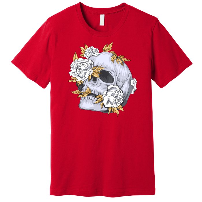 Skull White Flowers Premium T-Shirt