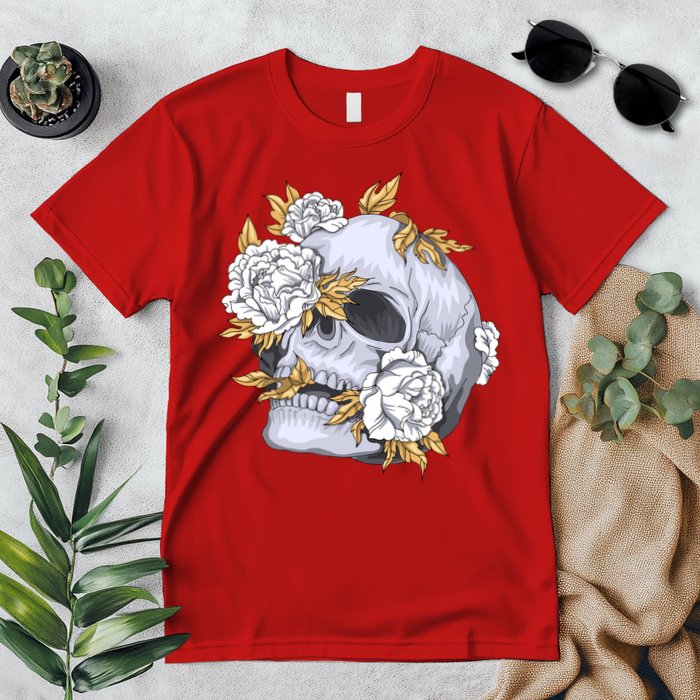 Skull White Flowers Premium T-Shirt