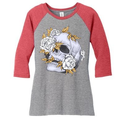Skull White Flowers Women's Tri-Blend 3/4-Sleeve Raglan Shirt