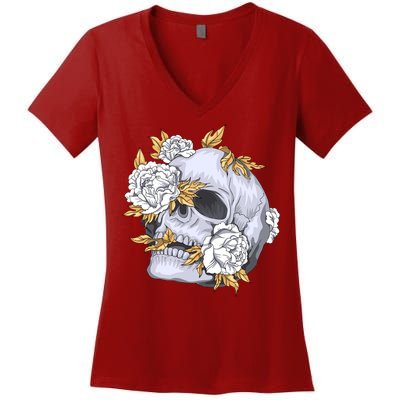 Skull White Flowers Women's V-Neck T-Shirt