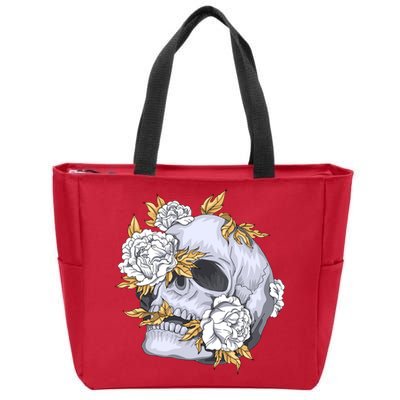 Skull White Flowers Zip Tote Bag