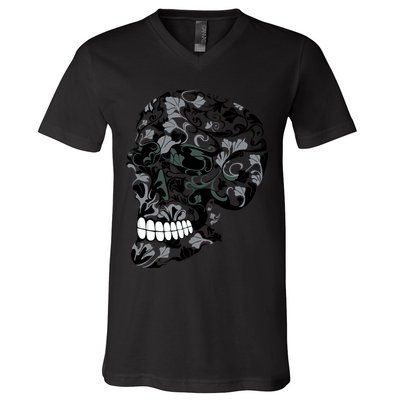 Skull With Flowers Day of the Dead V-Neck T-Shirt