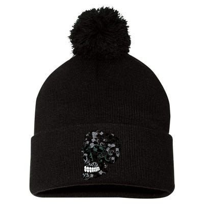 Skull With Flowers Day of the Dead Pom Pom 12in Knit Beanie