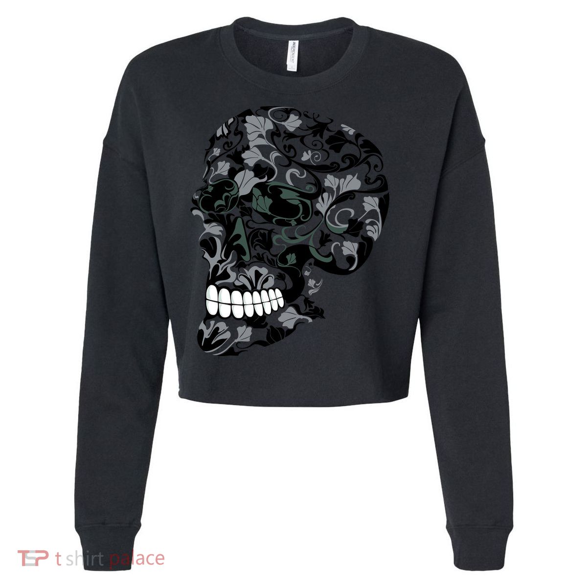 Skull With Flowers Day of the Dead Cropped Pullover Crew