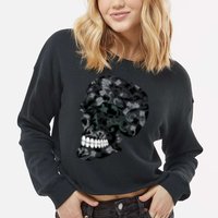 Skull With Flowers Day of the Dead Cropped Pullover Crew