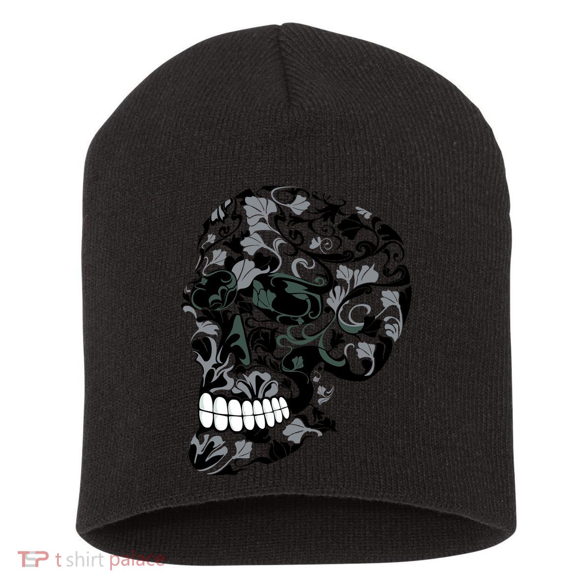 Skull With Flowers Day of the Dead Short Acrylic Beanie