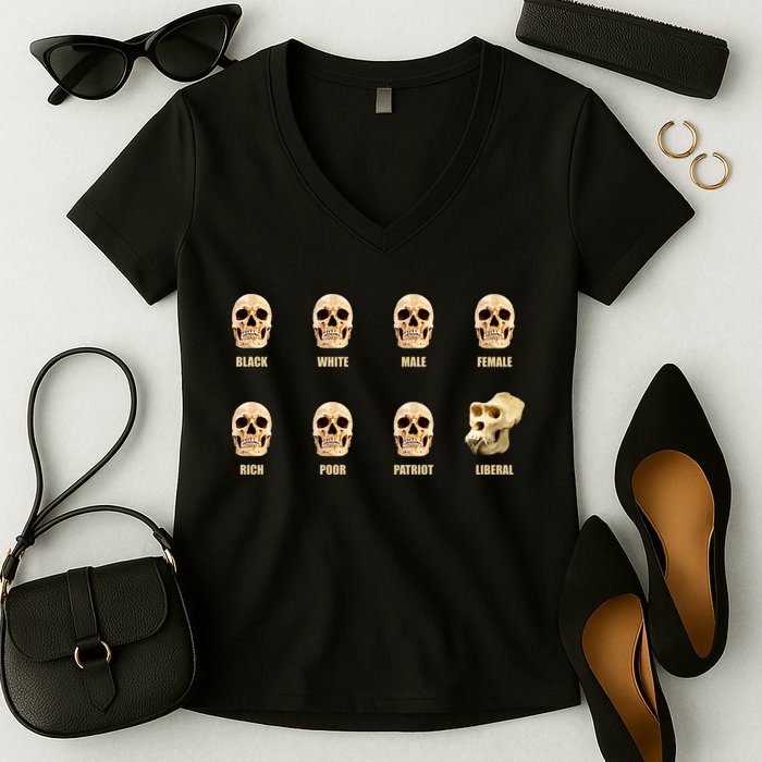 Skulls of Modern America Funny Liberal Monkey Skull Women's V-Neck T-Shirt