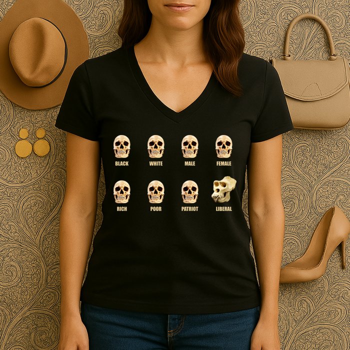 Skulls of Modern America Funny Liberal Monkey Skull Women's V-Neck T-Shirt