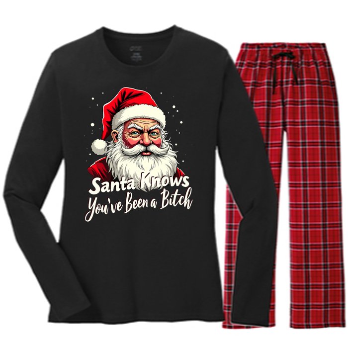 Santa Knows YouVe Been A Bitch Adult Humor Christmas Party Women's Long Sleeve Flannel Pajama Set 