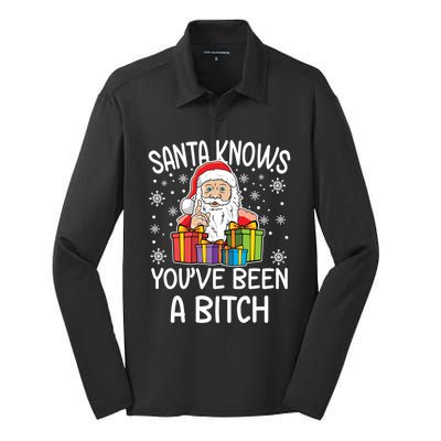 SantaS Know YouVe Been A Bitch Funny Santa Claus Christmas Gift Silk Touch Performance Long Sleeve Polo