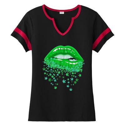 Sexy Lips 420 Cannabis Marijuana Weed Pot Leaf Lover Gift Ladies Halftime Notch Neck Tee