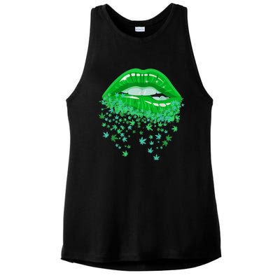 Sexy Lips 420 Cannabis Marijuana Weed Pot Leaf Lover Gift Ladies PosiCharge Tri-Blend Wicking Tank