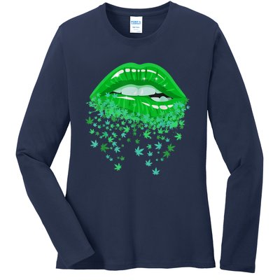 Sexy Lips 420 Cannabis Marijuana Weed Pot Leaf Lover Gift Ladies Long Sleeve Shirt