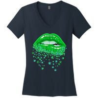 Sexy Lips 420 Cannabis Marijuana Weed Pot Leaf Lover Gift Women's V-Neck T-Shirt