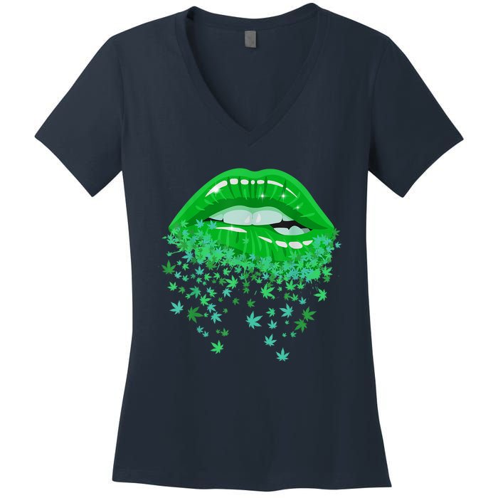 Sexy Lips 420 Cannabis Marijuana Weed Pot Leaf Lover Gift Women's V-Neck T-Shirt