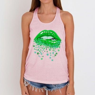 Sexy Lips 420 Cannabis Marijuana Weed Pot Leaf Lover Gift Women's Knotted Racerback Tank