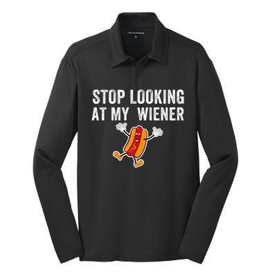 Stop Looking At My Wiener Funny Hotdog Funny Foodie Silk Touch Performance Long Sleeve Polo