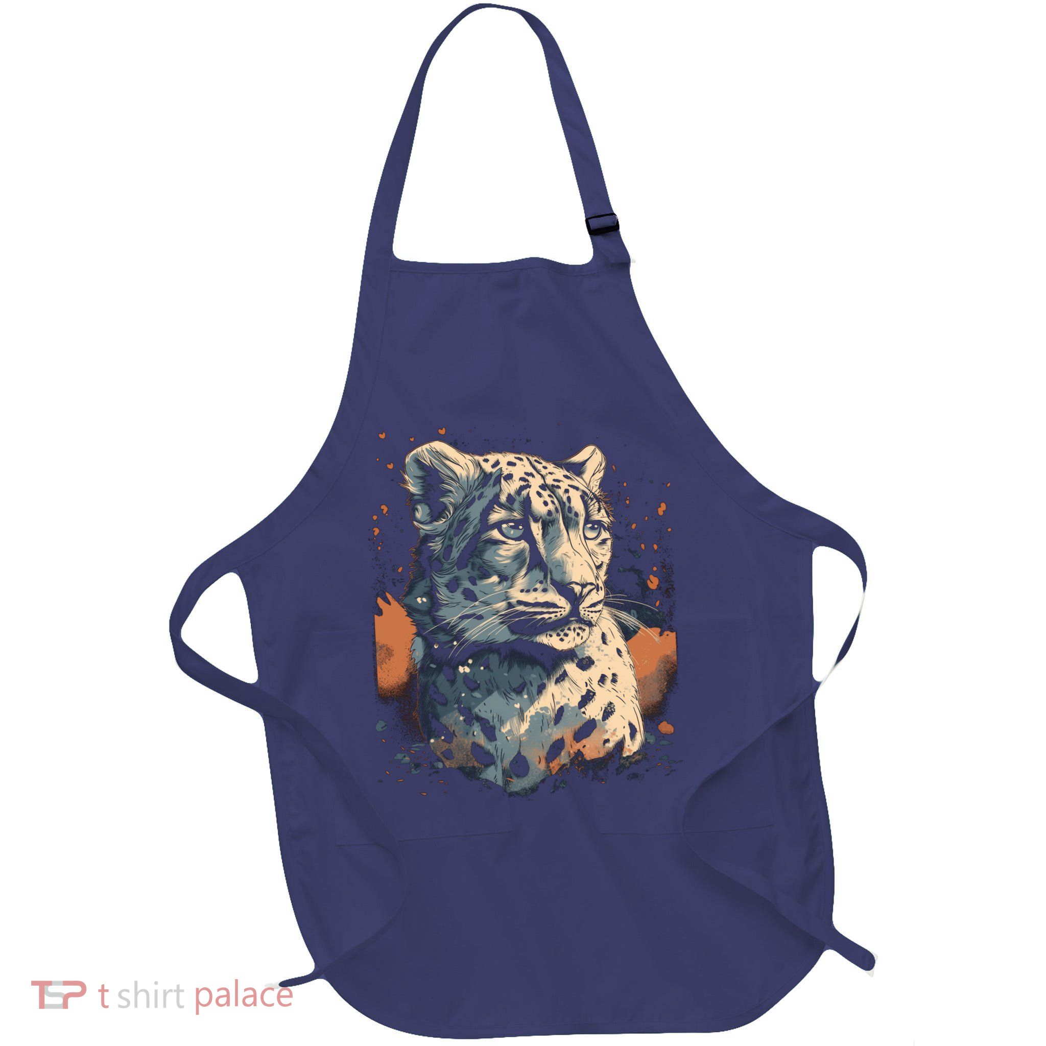 Snow Leopard Animal Retro Style Graphic Tees for Full-Length Apron With Pockets