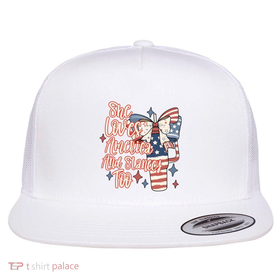She Loves America And Stanley Too Flat Bill Trucker Hat