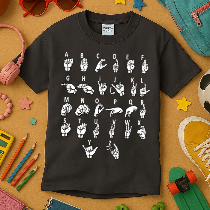 Sign Language Alphabet For ASL Interpreter Deaf Teacher Stud Kids T-Shirt