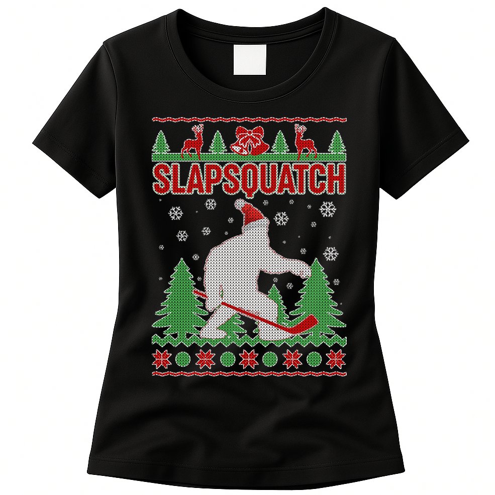 Slapsquatch Ugly Christmas Sweater Bigfoot Womens T-Shirt