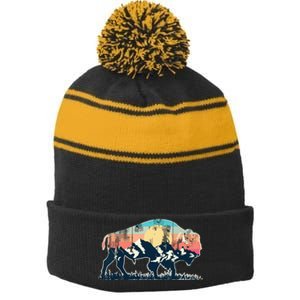 Sunset Landscape Buffalo Gift Stripe Pom Pom Beanie