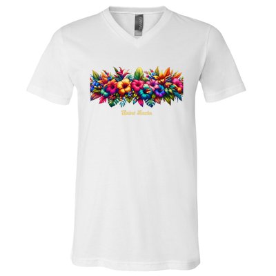 Saint Lucia Band Of Tropical Flowers V-Neck T-Shirt