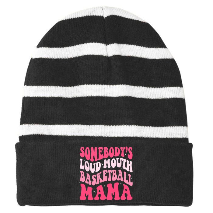 Somebodys Loudmouth Basketball Mama Mothers Day Groovy Striped Beanie with Solid Band