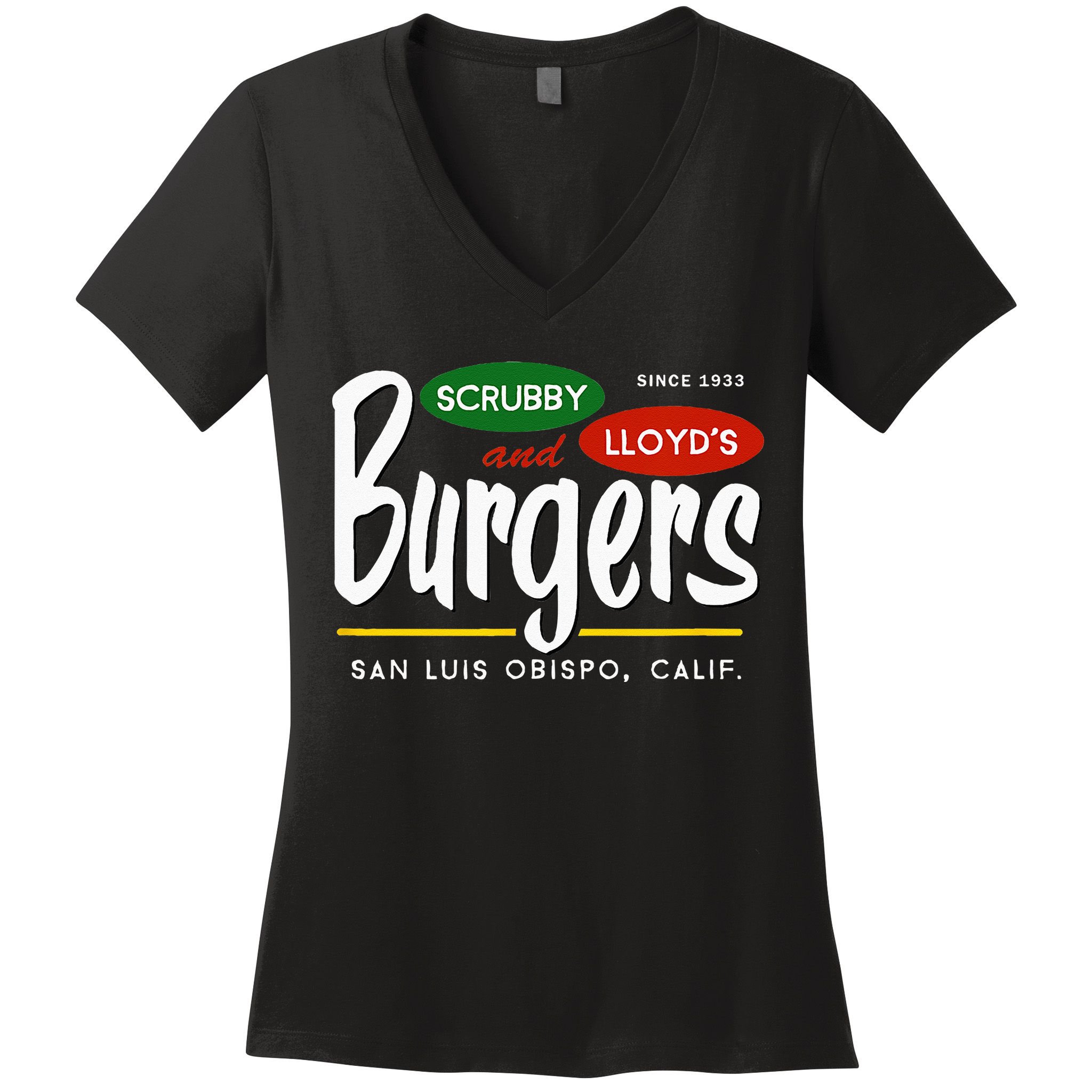 Scrubby & Lloyds Burgers San Luis Obispo California Women's V-Neck T-Shirt