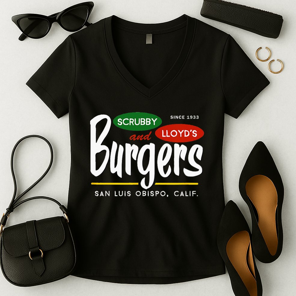 Scrubby & Lloyds Burgers San Luis Obispo California Women's V-Neck T-Shirt