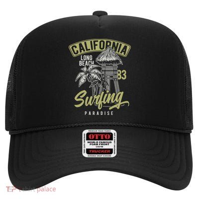 Surfing Long Beach California High Crown Mesh Back Trucker Hat