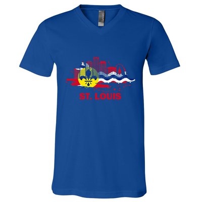 St. Louis City Flag Downtown Skyline St. Louis Skyline V-Neck T-Shirt