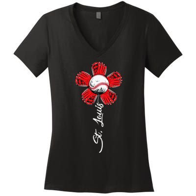 St. Louis Colorful Baseball Flower Souvenir I Love St. Louis Women's V-Neck T-Shirt