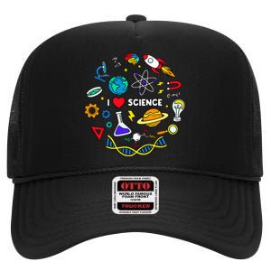 Science Lover Chemistry Biology Physics Love Science High Crown Mesh Back Trucker Hat