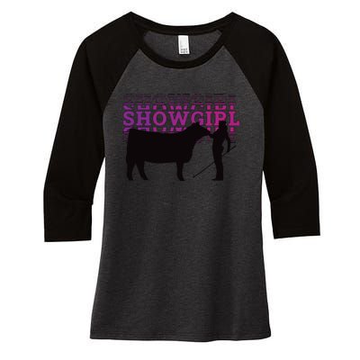 Showgirl Livestock Cattle Showing Fun Show Cattle Women's Tri-Blend 3/4-Sleeve Raglan Shirt