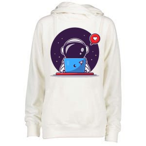 Sending Love, Cute Astronaut On A Laptop Womens Funnel Neck Pullover Hood