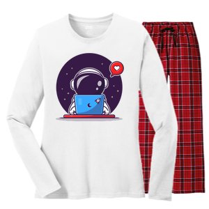 Sending Love, Cute Astronaut On A Laptop Women's Long Sleeve Flannel Pajama Set 