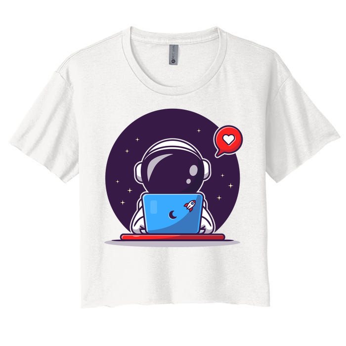 Sending Love, Cute Astronaut On A Laptop Women's Crop Top Tee