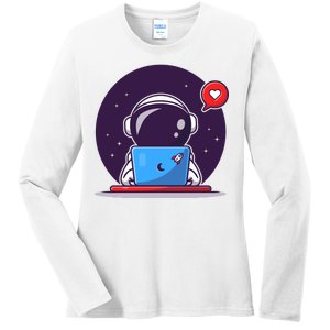 Sending Love, Cute Astronaut On A Laptop Ladies Long Sleeve Shirt