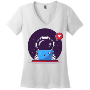 Sending Love, Cute Astronaut On A Laptop Women's V-Neck T-Shirt