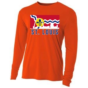 St. Louis City Skyline On St. Louis Fleur De Lis Flag Cooling Performance Long Sleeve Crew