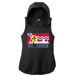 St. Louis City Skyline On St. Louis Fleur De Lis Flag Ladies PosiCharge Tri-Blend Wicking Draft Hoodie Tank