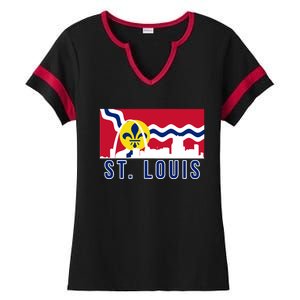 St. Louis City Skyline On St. Louis Fleur De Lis Flag Ladies Halftime Notch Neck Tee