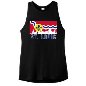 St. Louis City Skyline On St. Louis Fleur De Lis Flag Ladies PosiCharge Tri-Blend Wicking Tank