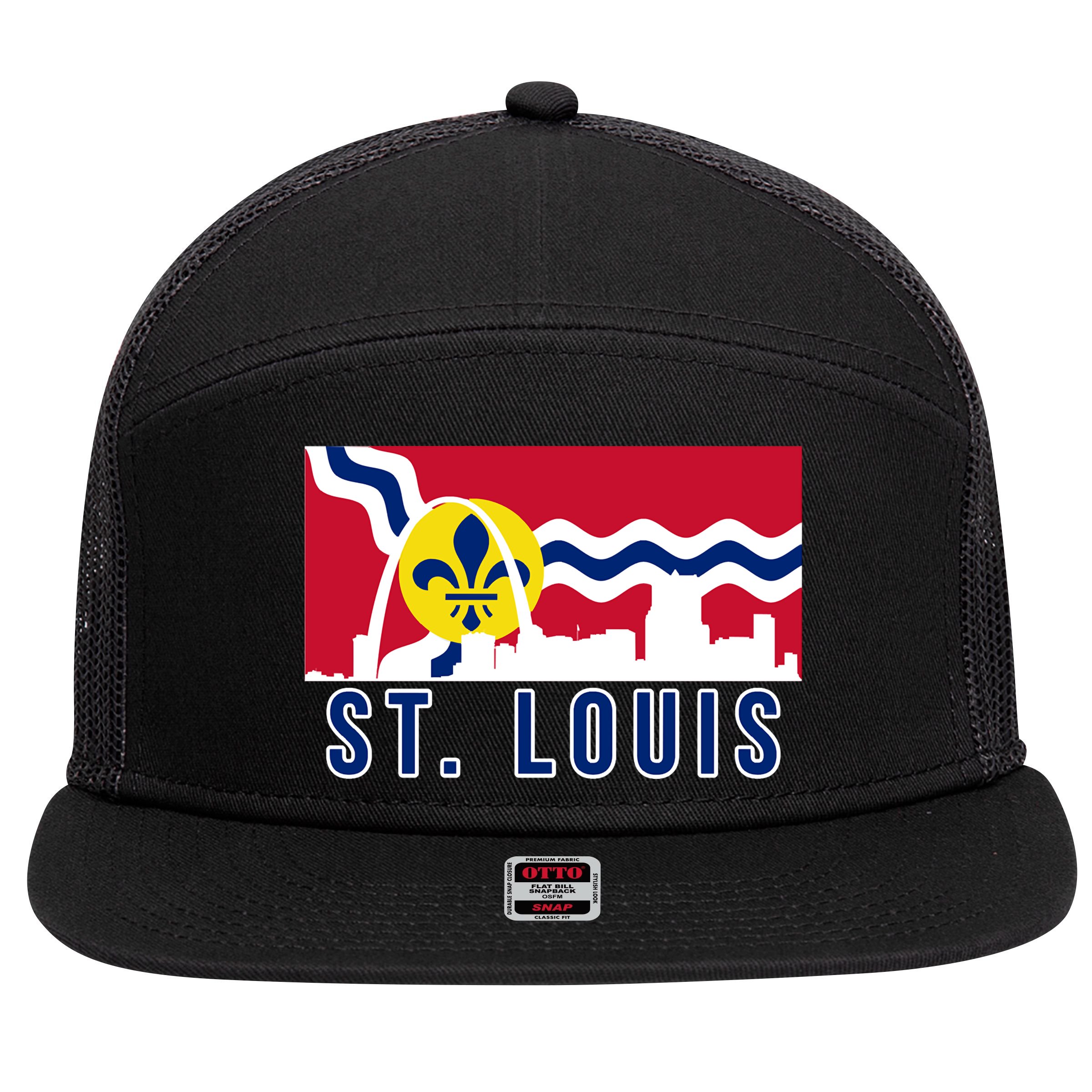St. Louis City Skyline On St. Louis Fleur De Lis Flag 7 Panel Mesh Trucker Snapback Hat