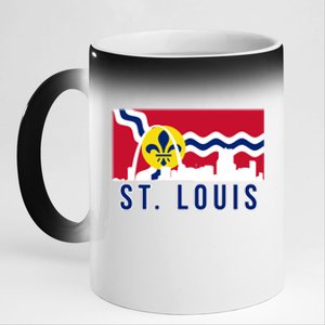 St. Louis City Skyline On St. Louis Fleur De Lis Flag 11oz Black Color Changing Mug