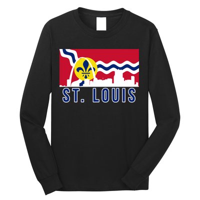St. Louis City Skyline On St. Louis Fleur De Lis Flag Long Sleeve Shirt