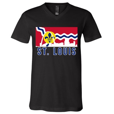 St. Louis City Skyline On St. Louis Fleur De Lis Flag V-Neck T-Shirt